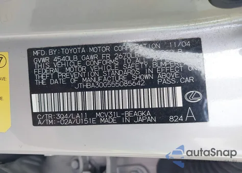 2005 Lexus Es 330 from USA, damaged, VIN JTHBA30G555085642